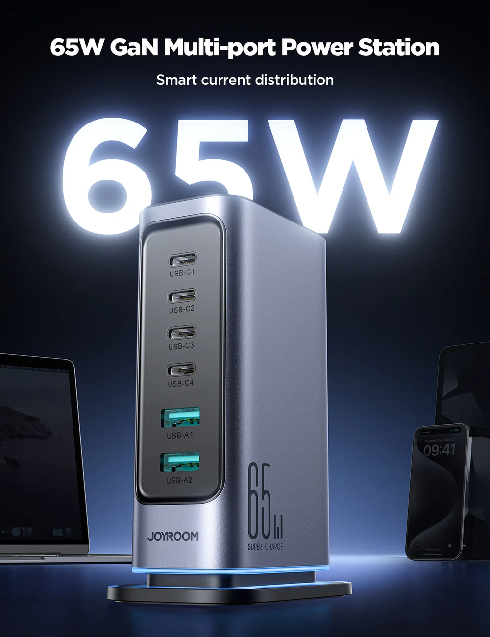 JOYROOM JR-TCM02 65W Gan Multi-port Power Station 4 USB-C and 2 USB-A (EU Plug) - Image 3